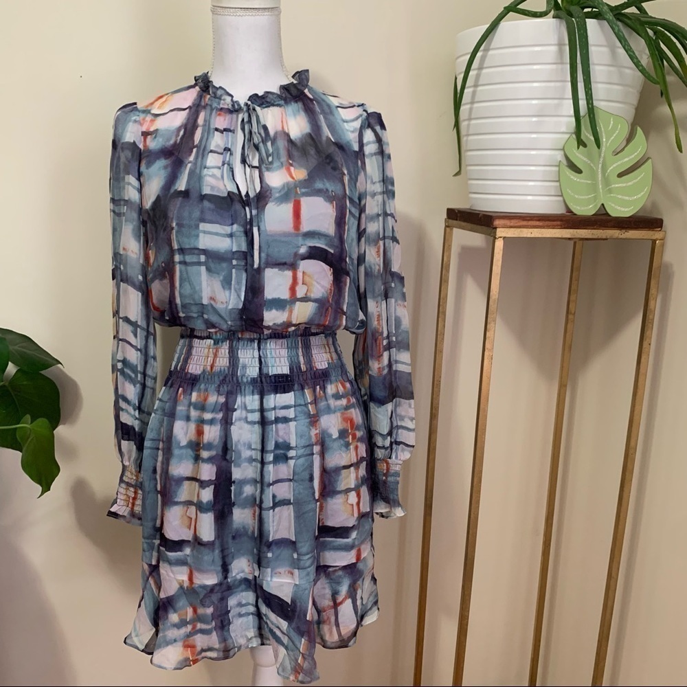 Parker Watercolor Long Sleeve  100% Silk‎ Dress in Blue sz M